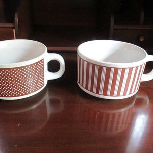 Vintage 1970s soup bowls with handles set of 2 brown and white dots and stripes